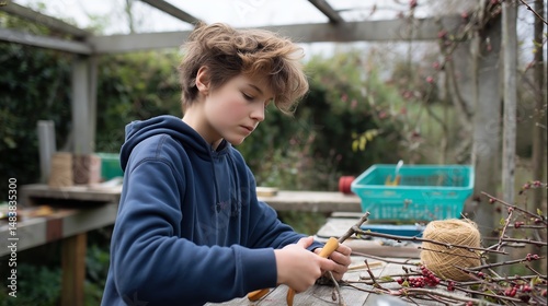 Boy engaging in creative outdoor activity while crafting with branches and twine in a garden setting during daytime
