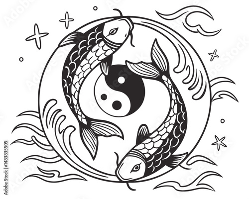 Koi fish and yin yang symbol. Vector illustration.