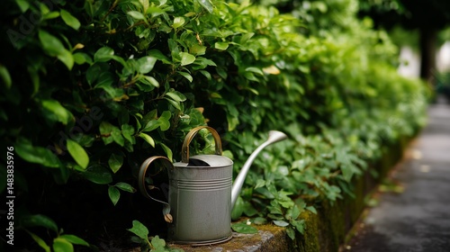 Obraz na płótnie A vintage watering can rests beside a lush green hedge on a peaceful garden pathway in autumn w salonie