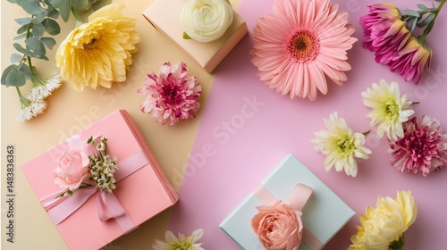 Obraz na płótnie Beautifully arranged gift boxes with colorful flowers on a pastel background celebrating a special occasion w salonie