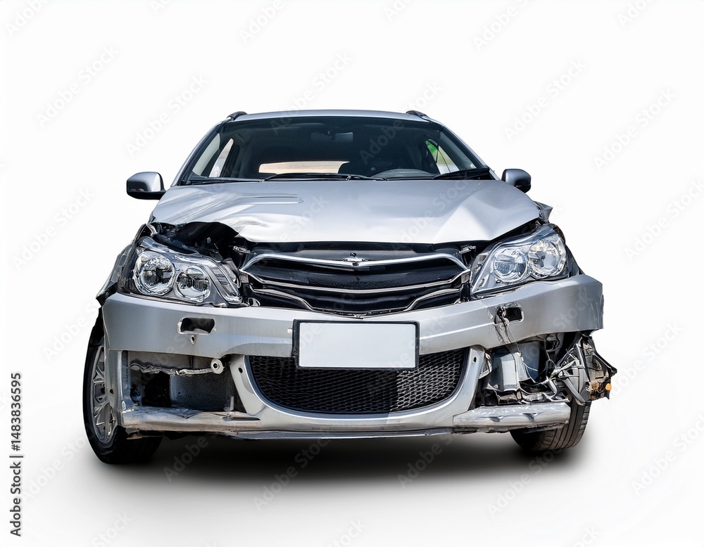 Naklejka premium crashed car showing extensive front end damage on white background