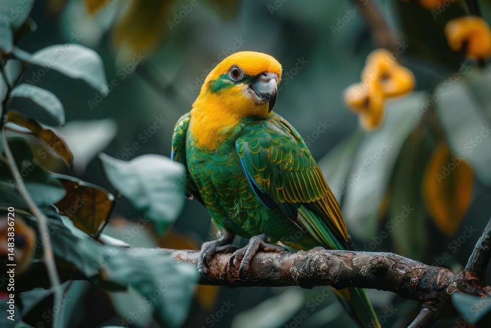 Obraz premium green and yellow bird on brown tree branch