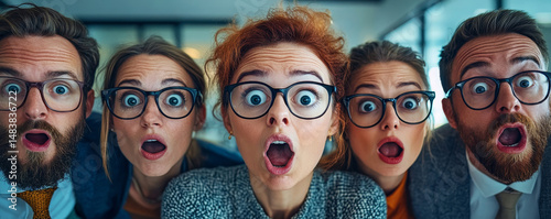 A funny photo of a group of business people in a office team looking at the camera with confused and surprised mood with big ball eyes and open mouth
