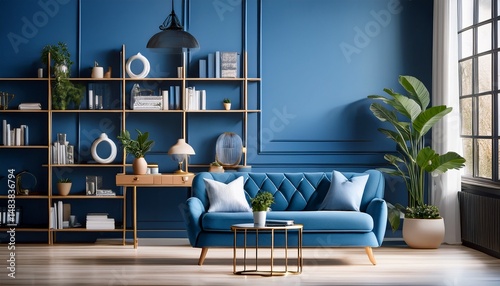 close up zoom virtual background with beautiful blue modern home office wall shelving steady composed luxurious and classic cozy interior living room backdrop for virtual meetings