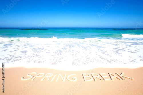 Serene Beach Scene with Spring Break Message on Sandy Shore