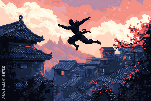 A pixel art image of a ninja jumping across rooftops with a sunset and mountain backdrop in the background