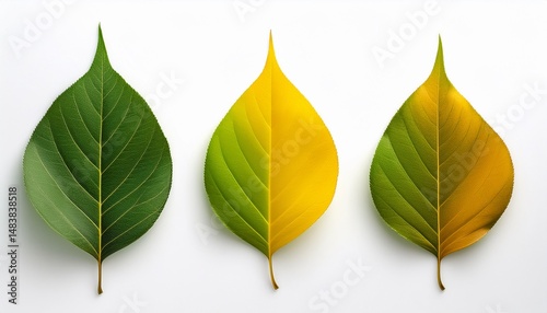 three leaves in gradual color change from green to yellow against a white background
