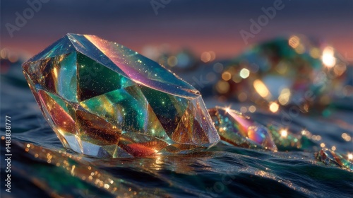 Sparkling Gemstones Reflecting Sunset Colors on Water Surface