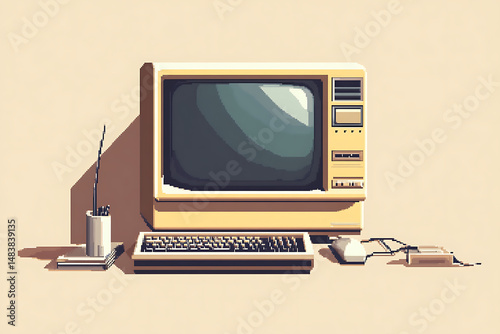Retro computer setup with monitor keyboard and mouse in a minimalist pixel art style illustration