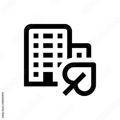 Icon of a building with multiple windows and an adjacent structure next to a leaf representing ecology