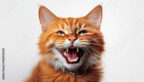 orange cat laughing showing toothy smile on white background