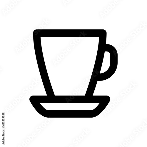 Black outline drawing of a teacup with a handle sitting on a saucer in a simple minimalist style design