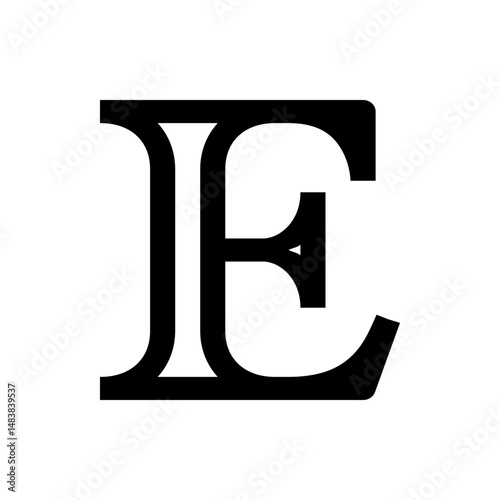 Illustration of a bold black letter e with unique styling and overlapping elements on a white background