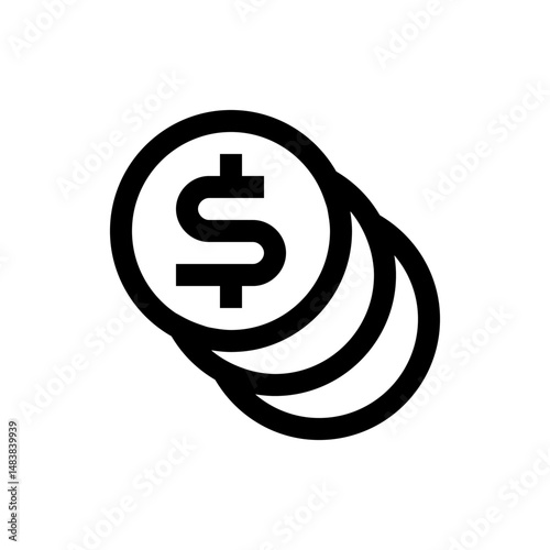 Stack of three coins with dollar sign in black outline representing money and financial wealth concept