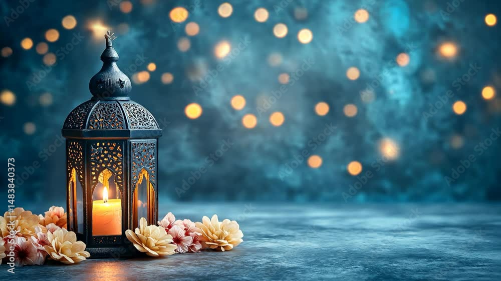ancient Arab lantern with flower and dreamy bokeh light glitter glow background, traditional festive theme