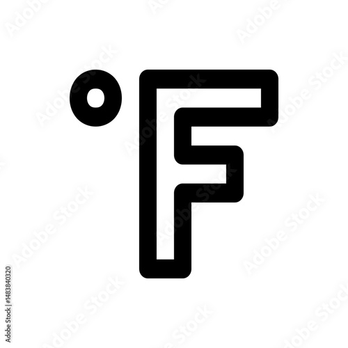 Illustration of a fahrenheit symbol with a degree symbol on the upper left side in black and white color