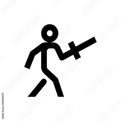 Stick figure wielding a sword with a circular head and simple body in black on a white background view