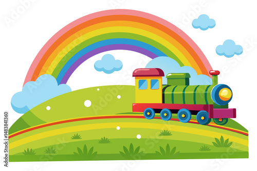 A green cartoon train travels on a winding path under a rainbow.