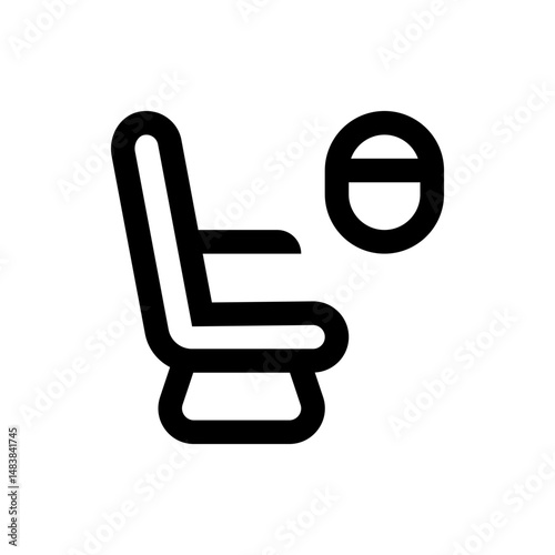 Illustration of an airplane seat next to a window on a flight, drawn with thick black outline strokes