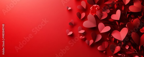 Valentine's Day greeting card design. Red gift boxes with hearts and copy space on red background. 3D Rendering, 3D Illustration