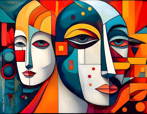 Silent observers: abstract faces, illustration in vibrant colors, cubism style collage for wallpaper and background. AI-generated