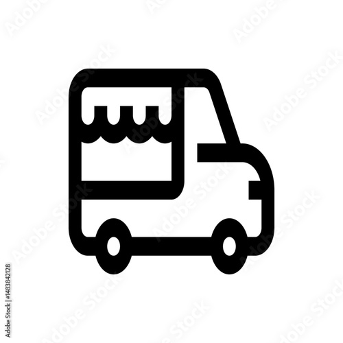 Illustration of a black outline food truck with wheels and a serving window on a white background