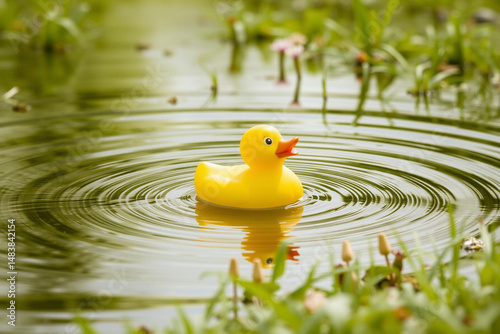 Serene Yellow Rubber Duck Floating on Rainy Pond Water with Gentle Ripples