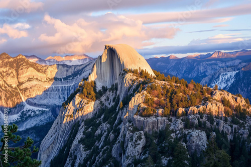 Majestic Granite Peak Under Vibrant Sunset Skies in Yosemite Valley