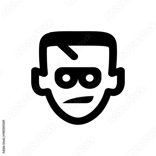 Stylized icon of a face with a prominent brow and a single strand of hair on the forehead design icon