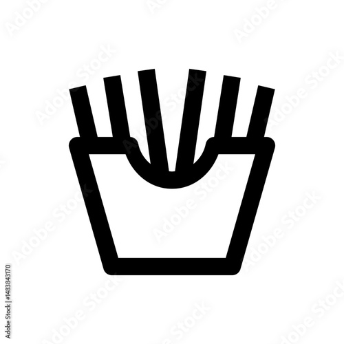 Simple black and white line drawing of french fries in a container with a curved opening at the top