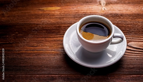 cup of black coffee espresso on a wooden table background