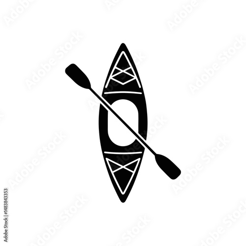 A black silhouette of a kayak is positioned vertically with a paddle crossing diagonally over it.