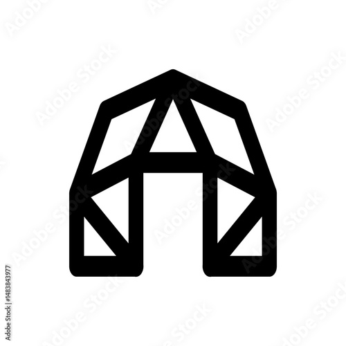 A stylized black outline of a greenhouse structure with geometric framing and arched entrance design