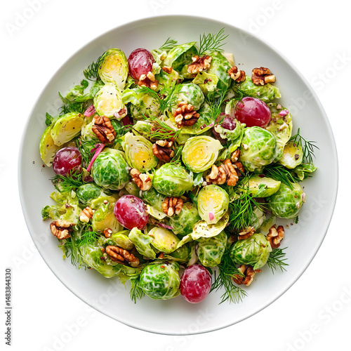 fresh brussels sprouts salad topped with fruit and nuts
