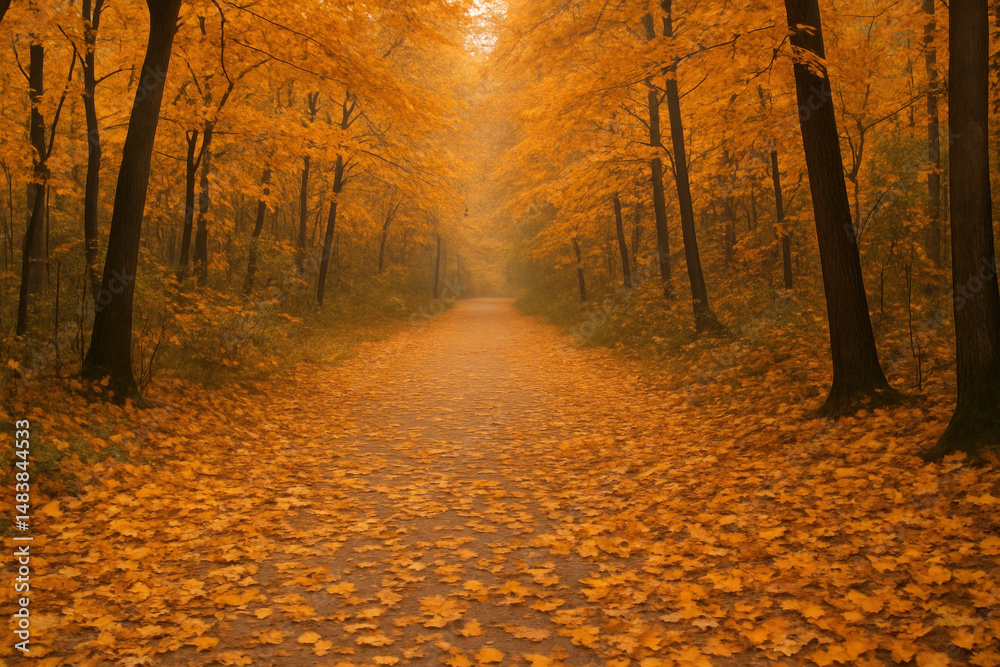Fototapeta premium Path in forest, yellow leaves.