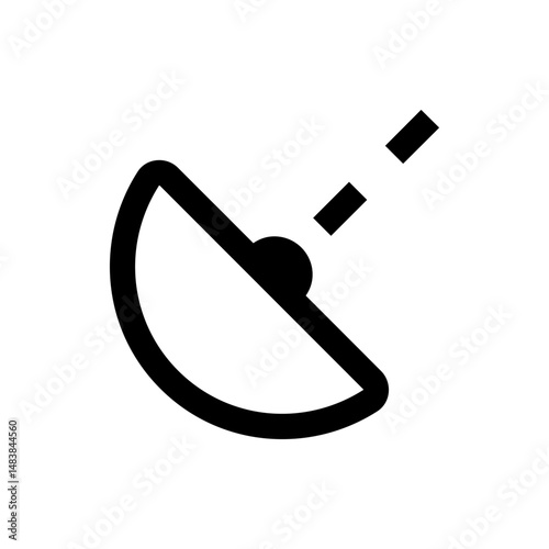 Illustration of a satellite dish with a small ball and two dashes above it in black and white color scheme