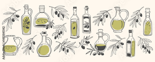 Big set of olive oil bottles and olive branches. Collection of illustrations of olive oil, leaves, branches, natural products. Hand drawn sketch illustration.
