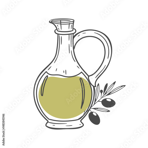 Glass jug of olive oil and olive branch. Natural products. Hand drawn sketch illustration with color.