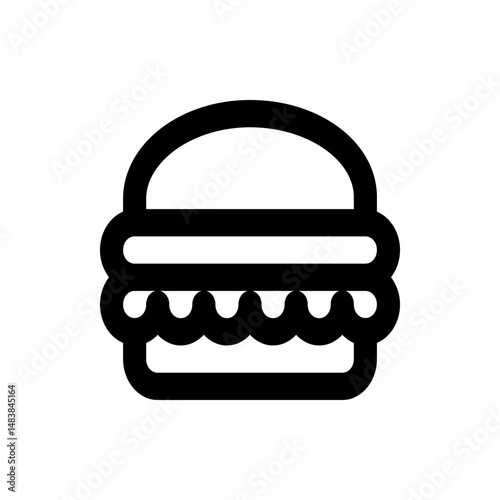 Simple black and white line drawing of a burger with two buns and a filling layer in between them icon