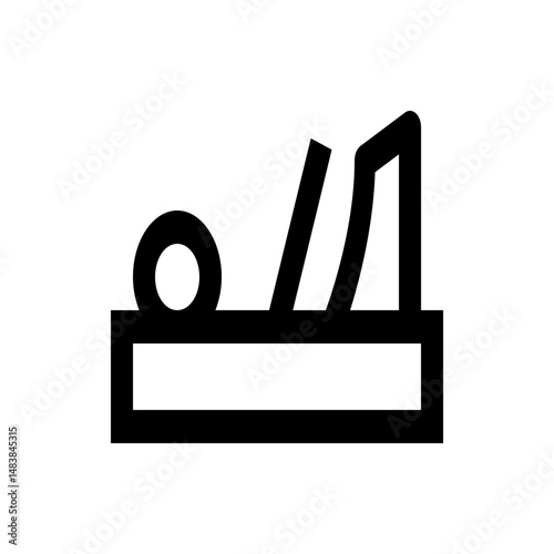 Illustration of a hand plane tool with a round handle and a rectangular base in black and white color