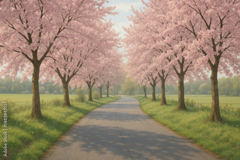 Pink trees lining a road in a vibrant painting. Pink trees lining a road in a vibrant painting.