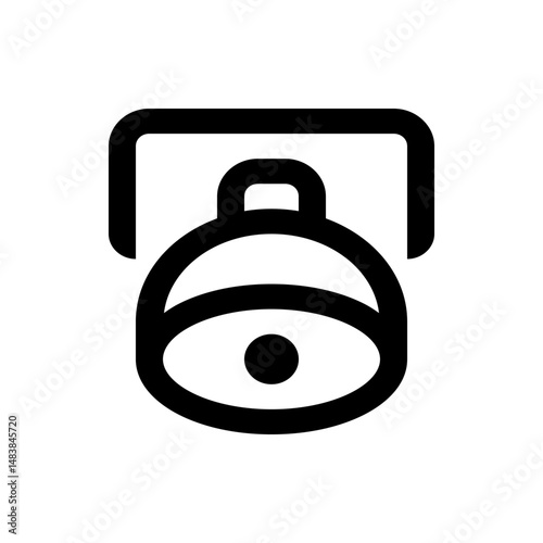 Illustration of a black and white bell with a clapper hanging from a support structure above it shown in detail
