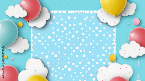 Joyful Backdrop: Whimsical arrangement of colorful balloons and fluffy clouds framing an inviting area for celebrations, parties, or special messages.