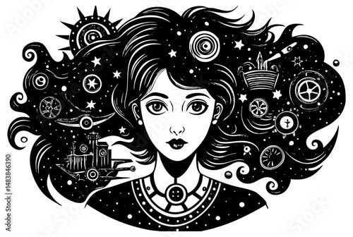 A black and white illustration of a woman's face with her flowing hair depicting a galaxy filled with stars, planets, moons, and steampunk-inspired mechanical elements.