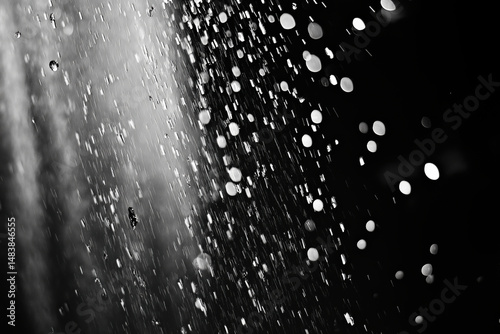 Dynamic Water Droplets: Dramatic black and white photograph capturing the mesmerizing beauty of water droplets in motion.