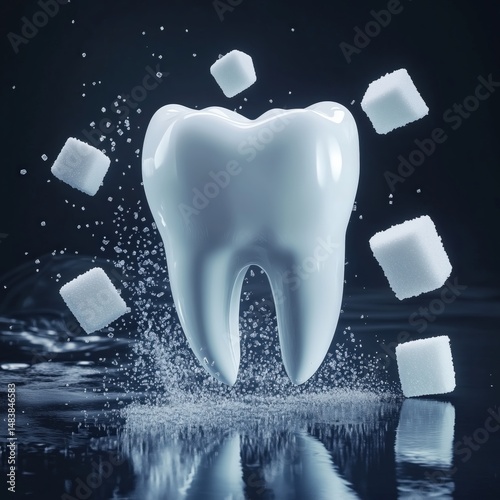 3d visualization of human tooth ander attack of sugar cubes, decay awareness  photo