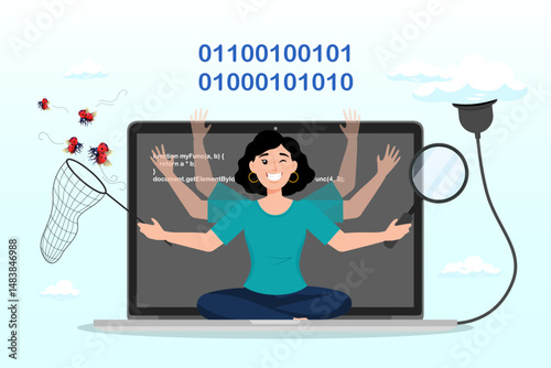 Young woman software engineer working with online cloud computer laptop, software development, coding team, programming frontend backend framework, debugging algorithm, testing or deployment concept