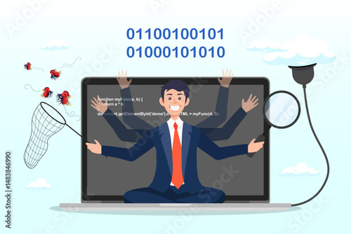 Young man software engineer working with online cloud computer laptop, software development, coding team, programming frontend backend framework, debugging algorithm, testing or deployment concept