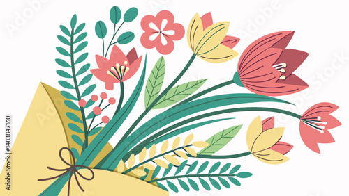 Elegant Spring Flower Bouquet Illustration Tulips, Blossoms & Greenery