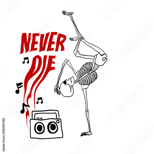 A black and white illustration of a dancing skeleton performing a breakdance move. Humorous and creative Halloween-themed artwork on a white background, ideal for posters, t-shirts, or digital content